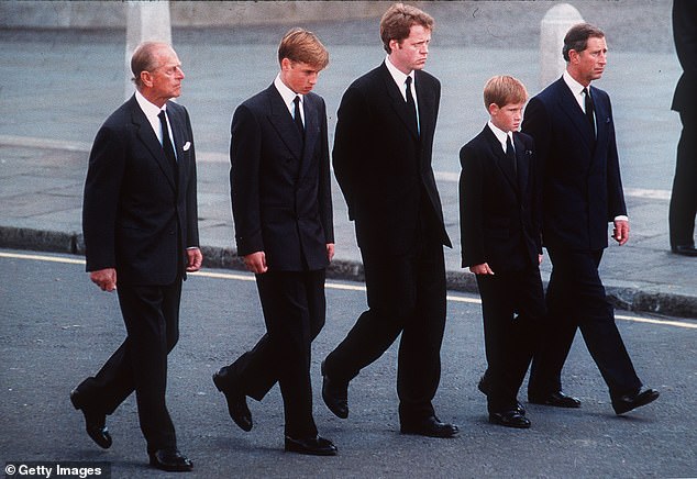 Prince Philip, Duke of Edinburgh, Prince William, Earl Spencer, Prince Harry and Prince Charles, Prince of Wales, follow the coffin of Diana, Princess of Wales in 1997