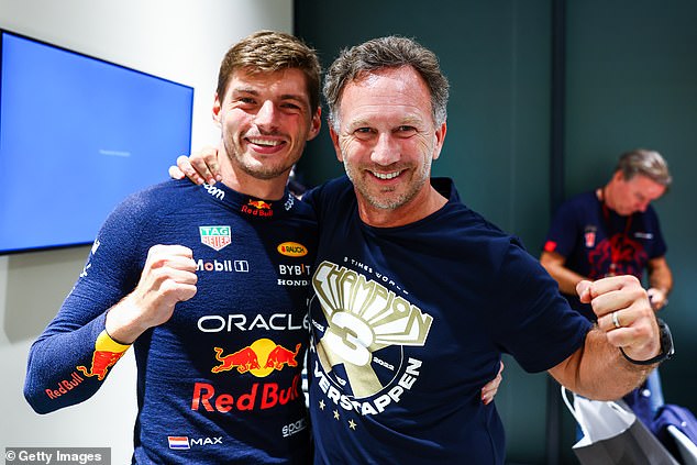 Red Bull will launch its 2024 car on Thursday, although it is not certain whether Horner will be present (pictured alongside triple world champion Max Verstappen last season).