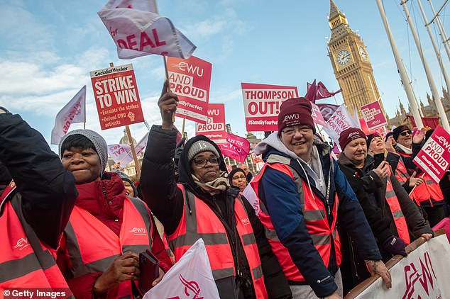 Thousands of striking Royal Mail workers and supporters attend a demonstration organized by the CWU in Parliament Square on December 9 last year.
