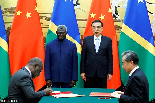 There was shock and anger over China's signing in April of an agreement with the Solomon Islands that could include a Chinese naval base less than 2,000 kilometers from the Australian mainland (pictured Solomon Islands Prime Minister Manasseh Sogavare, second from left, with Chinese Premier Li Keqiang, second from right, in Beijing in 2019)