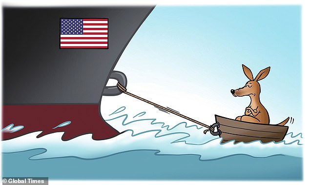 The Global Times regularly publishes inflammatory cartoons against Australia and its latest work was a sleeping kangaroo washed up by a US ship.
