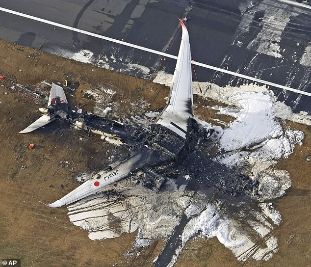 This aerial photo shows the charred remains of Japan Airlines Flight 516