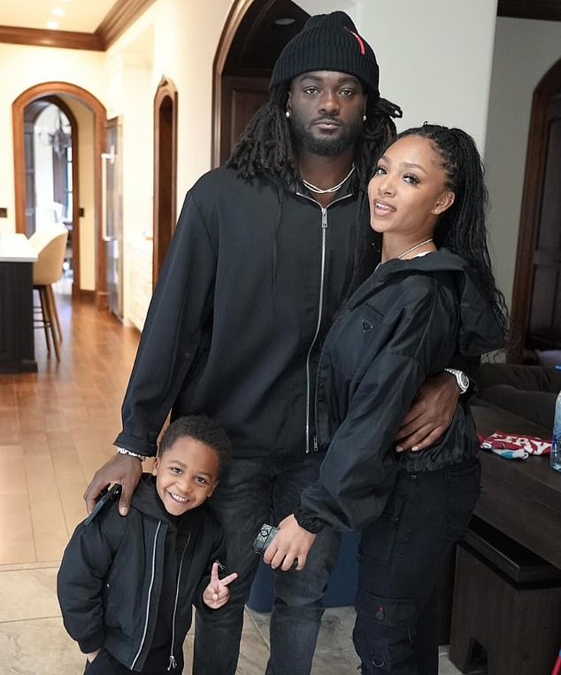 Now Searight, pictured with Aiyuk and their three-year-old son Braylon, has hinted that her boyfriend could force his way out of Levi's Stadium.
