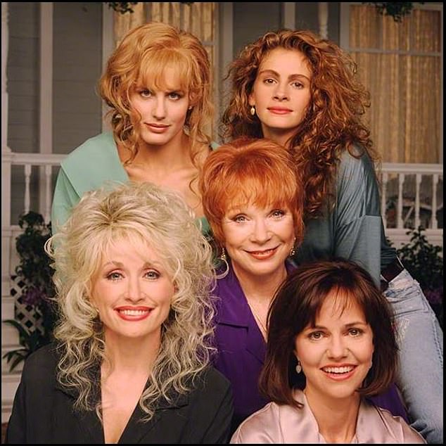 Clockwise from top right: Roberts, Shirley MacLaine, Field, Dolly Parton and Daryl Hannah pose for a promotional photo for Steel Magnolias.