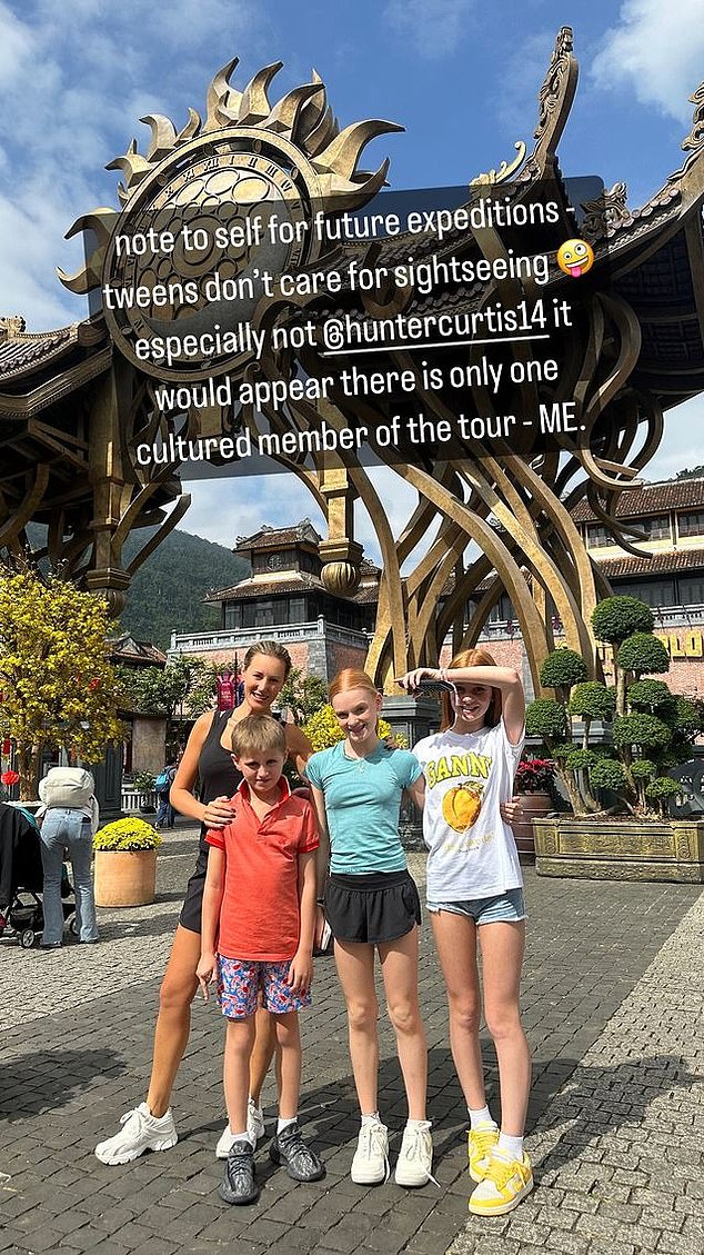 Earlier in the day, Roxy had shared a photo of herself posing with Hunter, her daughter Pixie, 12, and one of Pixie's friends at the start of the tour. 'Note to self for future expeditions: tweens don't like sightseeing, especially Hunter Curtis. There seems to be only one cultured member on the tour: ME