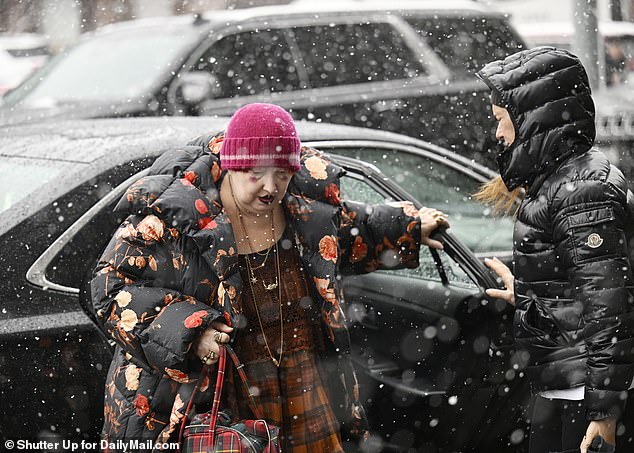 Vouge fashion editor Lynn Yaeger wore a plaid dress, a floral quilted coat and a pink hat as she stepped out of a car to attend the fashion show.