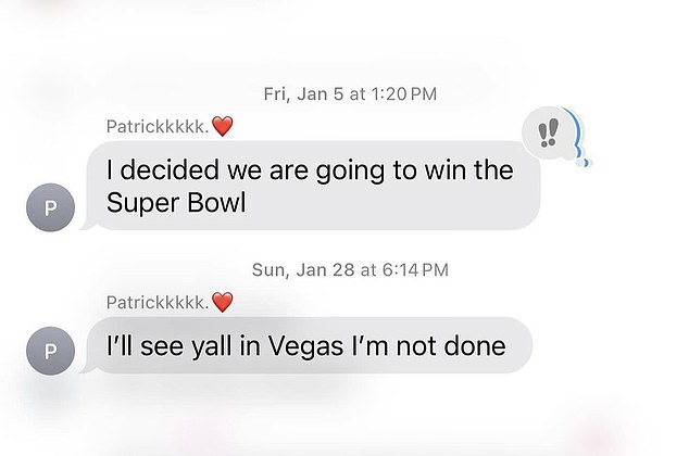 She shared a text of Patrick 'deciding' on January 5 to win the Super Bowl with the Chiefs.