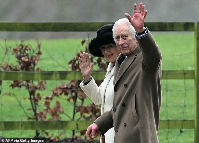 King Charles and Queen Camilla wave as they leave a service at St Mary Magdalene Church on Sandringham Estate on February 11, 2024.