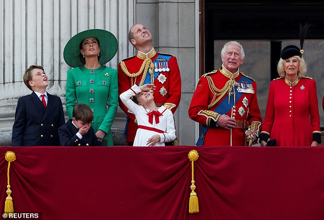 King Charles, Queen Camilla, Prince William, Catherine, Princess of Wales, Prince George, Princess Charlotte and Prince Louis appear on the balcony of Buckingham Palace as part of Trooping the Colour, June 17, 2023