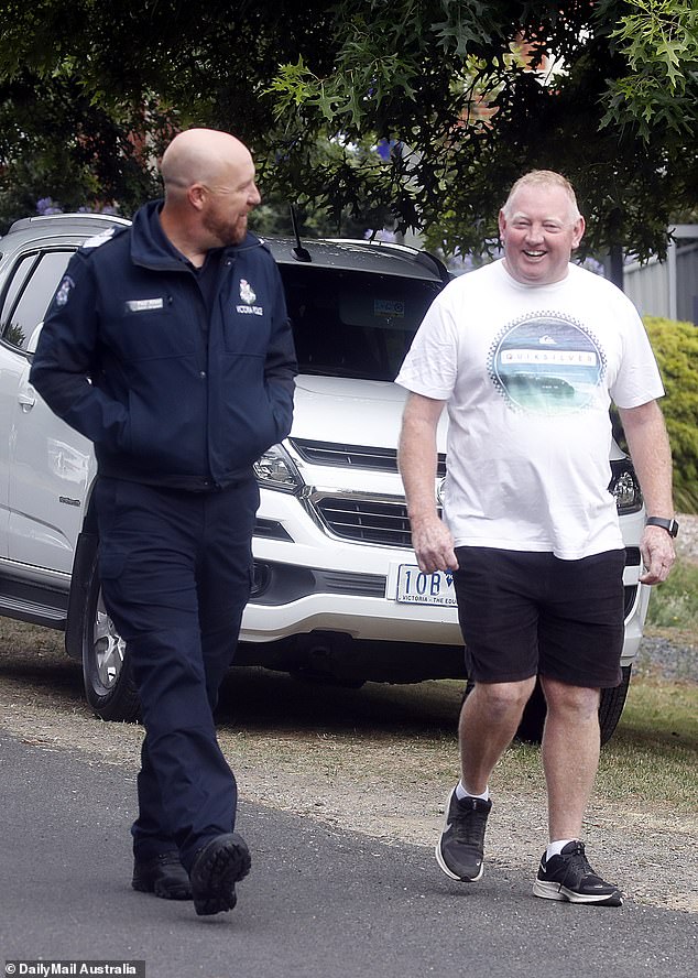 A smiling Mick Murphy leaving Buninyong Police on February 9. Police returned to his home on Wednesday.