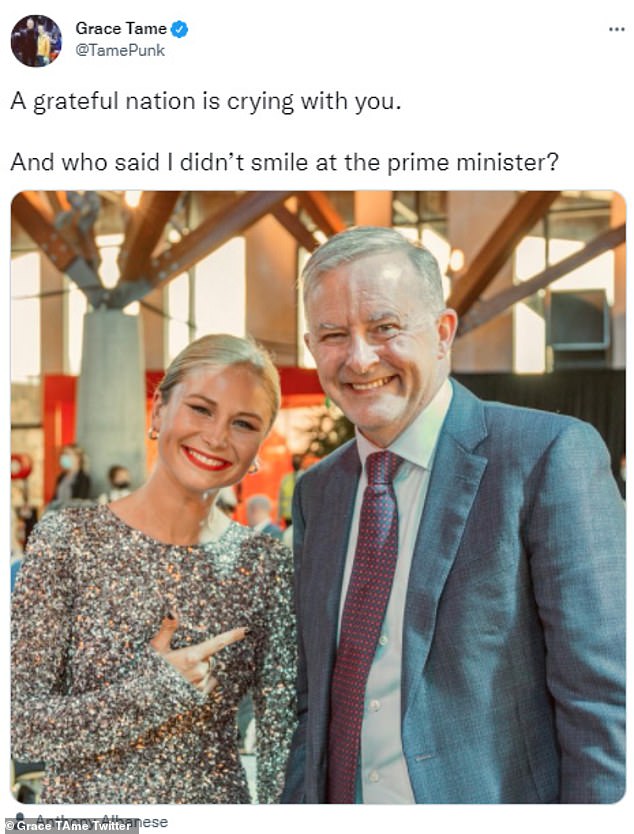 Grace Tame said she texted Anthony Albanese (pictured together) after his election victory telling him that 
