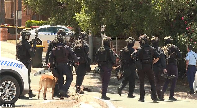 Heavily armed officers were seen in the area (pictured) as the operation took place.