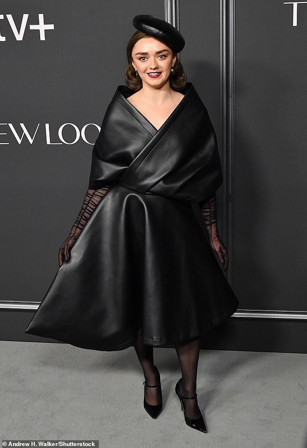 Maisie Williams, 26, dressed in an all-black Christian Dior ensemble while walking the red carpet at the premiere of The New Look at Florence Gould Hall in New York City on Monday night.