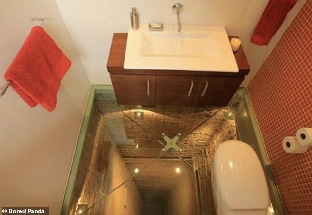 One person had a terrifying experience in the bathroom because someone placed the toilet in an old elevator shaft and used a glass floor.