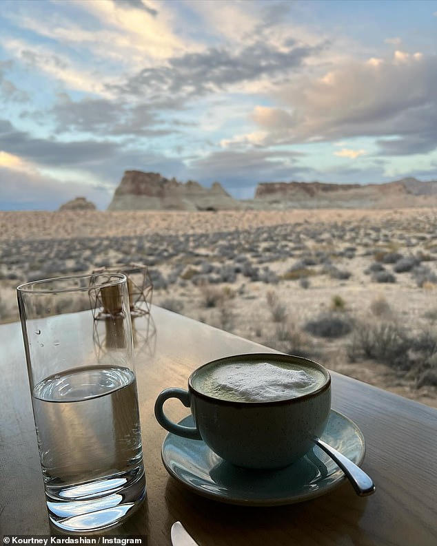 Flat-topped peaks could be seen in the distance through sparsely dotted chaparral, while a foam-covered matcha tea rested on a table.
