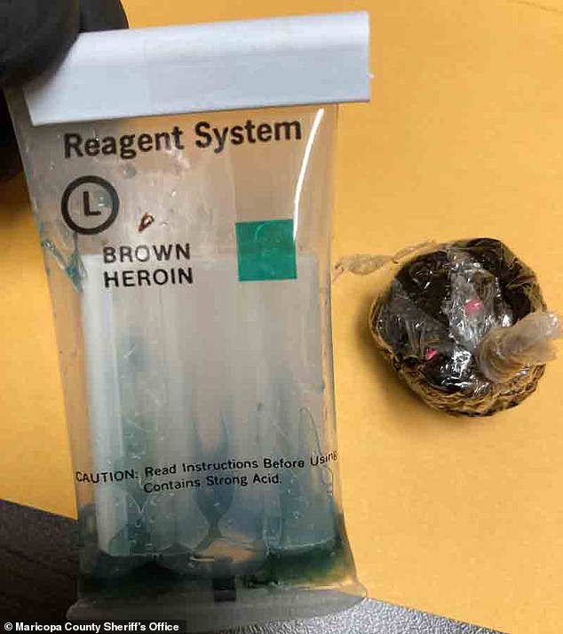 She was allegedly found with heroin (pictured), fentanyl, marijuana and methamphetamine and is now in custody facing 19 charges related to the alleged scheme.