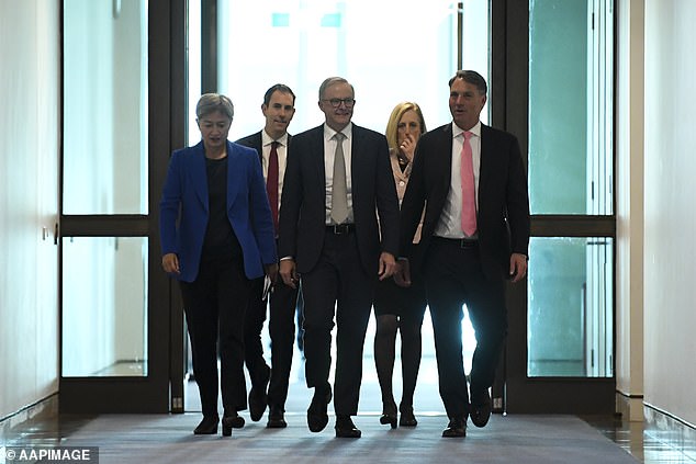 Prime Minister Anthony Albanese (centre), Deputy Prime Minister Richard Marles (far right), Foreign Minister Penny Wong (far left), Treasurer Jim Chalmers (centre left) and Finance Minister Katy Gallagher (centre right) They took the oath before the Governor General. David Hurley in Canberra on Monday