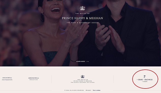 The couple's new website, Sussex.com, has a link at the bottom (enclosed by MailOnline) under the 'The Duke and Duchess of Sussex' logo directing users back to SussexRoyal.com.
