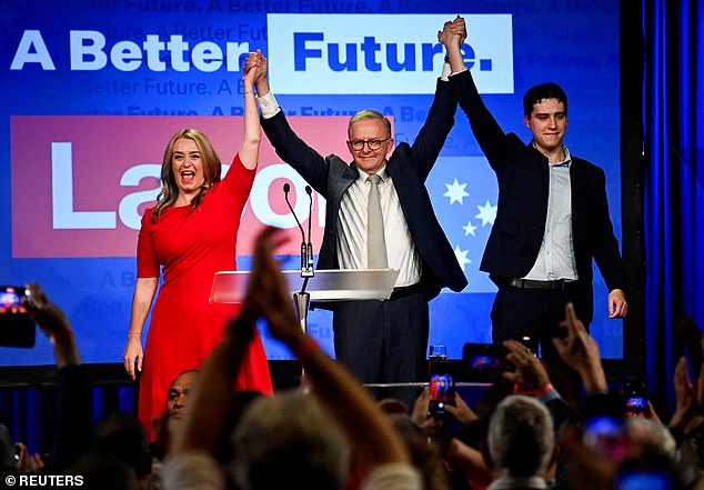 Anthony Albanese (pictured, centre) celebrated his election victory with his partner Jodie Haydon (left) and son Nathan (right) and is the first Prime Minister with a non-Anglo-Saxon surname to hold office.