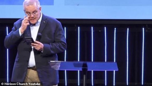 Outgoing Prime Minister Scott Morrison broke down in tears while addressing his church on Sunday (pictured).