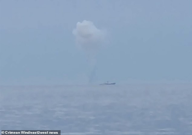 Videos today showed an alleged Ukrainian attack on a Russian warship off the southern coast of annexed Crimea.