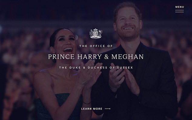 The home page of the Duke and Duchess of Sussex's website uses their coat of arms and title.