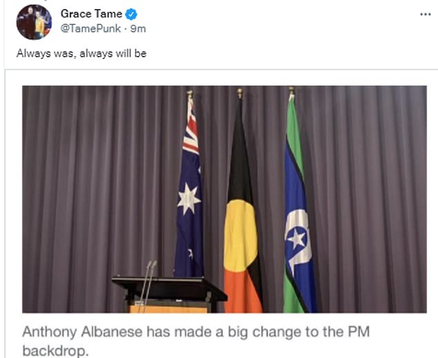 Former Australian of the Year Grace Tame has shown her support for Anthony Albanese's decision to put the Aboriginal flag at the center of his press conferences as prime minister.