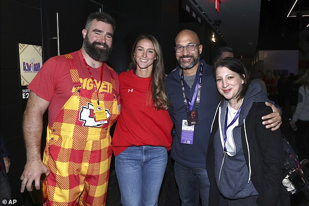 The Philadelphia Eagles veteran, pictured with Kylie, Keegan-Michael Key and Elle Key, wore a Kansas City-themed jumpsuit to the game, but his wife declined to represent the Chiefs.