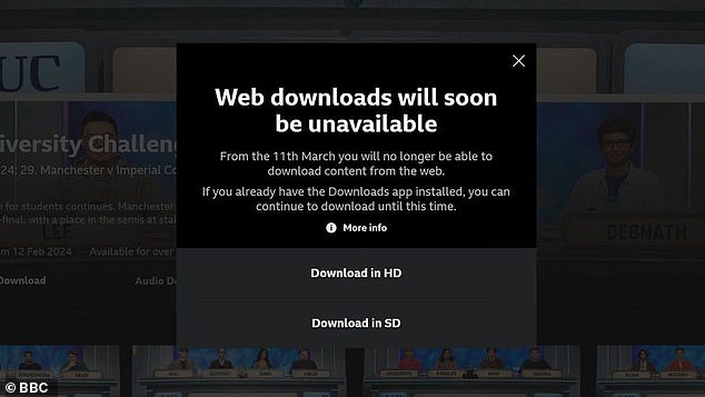 This iPlayer message informs users of the decision to end downloads for desktop and laptop computers, both PC and Mac.