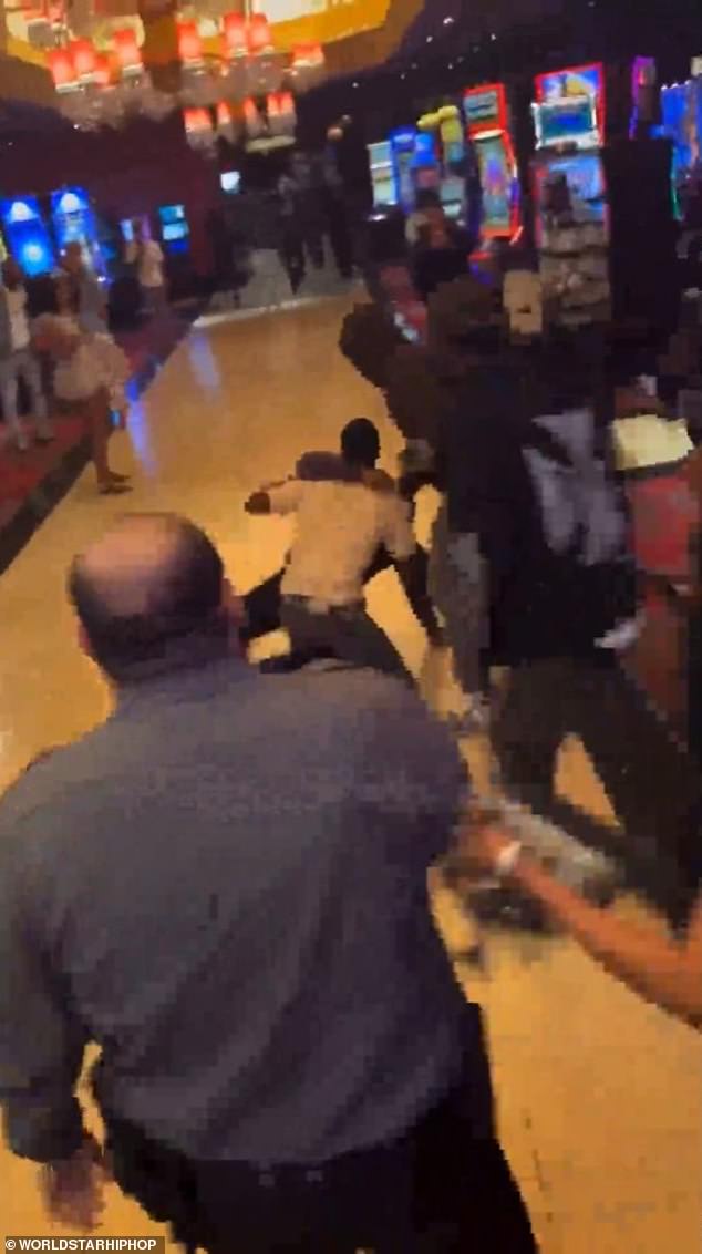 Minutes later, the images also show three men hitting each other and fighting each other on the casino floor.
