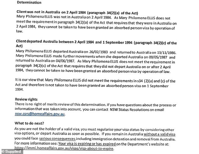 Part of Home Affairs letter stating that Mary lied about never leaving Australia and telling him that 