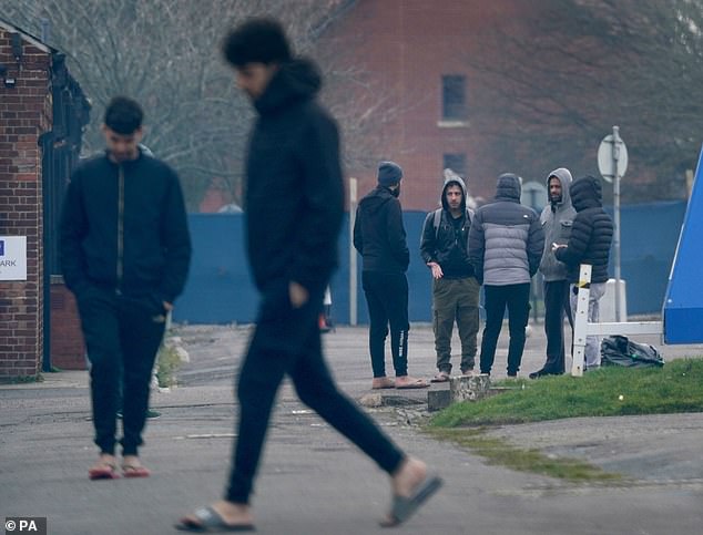 Migrants housed at Napier Barracks in Folkestone, Kent, on March 6