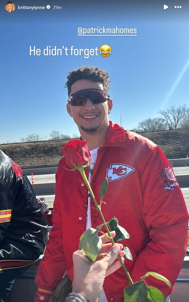 Mahomes gave his wife Brittany a rose on Valentine's Day during the victory parade in Kansas City
