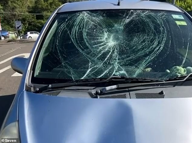 Damage allegedly caused to the vehicle in which au pair Davis was driving with a child when it was attacked in an alleged attempted carjacking.