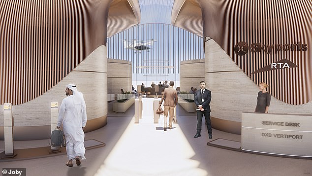 As in today's airports, passengers will be greeted in the 'vertiport' lounges before their departure in a Joby flying taxi (artist's rendering)
