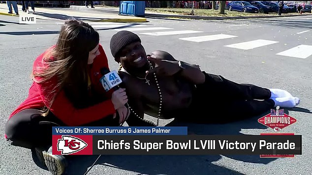 He also lay on the ground to conduct an interview with local television station KSHB-TV.