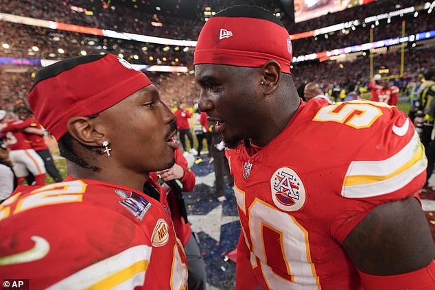 But the 25-year-old, seen celebrating with Mecole Hardman Jnr (left), could be on his way out of Kansas City this offseason as he prepares to enter free agency.