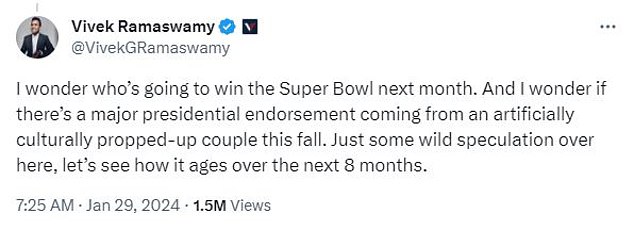 Former 2024 presidential hopeful Vivek Ramaswamy insisted in late January that the Kansas City Chiefs were predestined to win the Super Bowl to give more star power to the Taylor Swift-Travis Kelce endorsement of President Joe Biden.