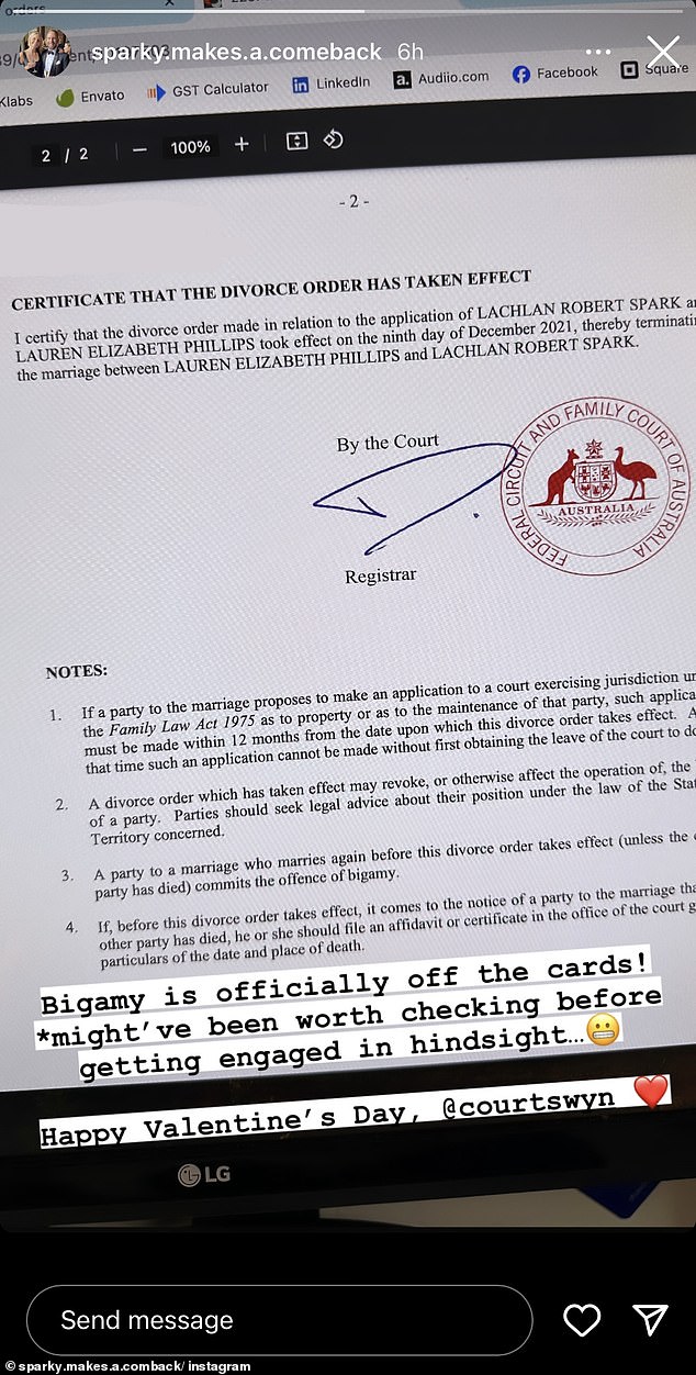 On Instagram that day, Lachlan shared part of his and Lauren's divorce papers to celebrate the separation.
