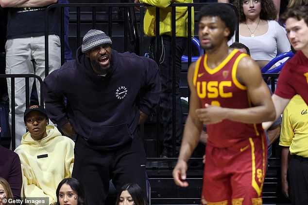 James is seen cheering on Bronny at a recent USC basketball game at Haas Pavillion.