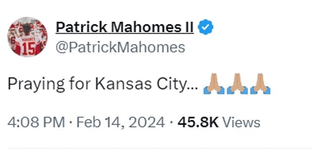 Mahomes shared a message on social media about an hour after the shooting.