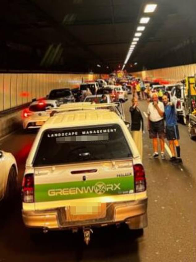 Images from inside the tunnel where the car caught fire show traffic completely stopped, forcing commuters to abandon their cars (pictured).