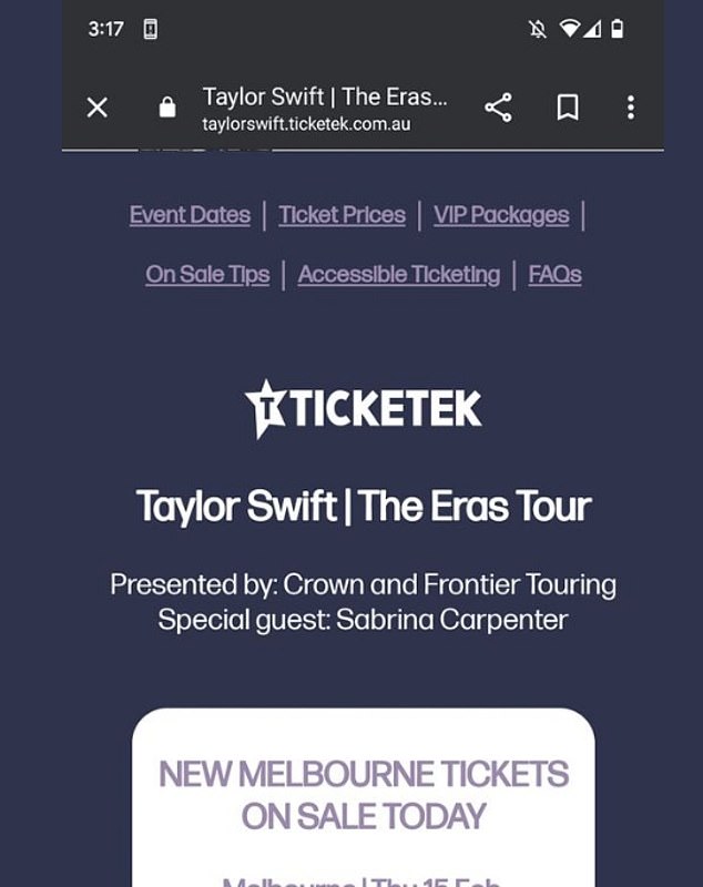 Sarah, from Victoria, couldn't believe her eyes and is hoping to get a ticket herself. 'I saw this for the Swifties! I'm not sure if it's been posted yet!' she wrote on Facebook and shared a screenshot of Ticketek's website.