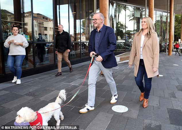 The incoming prime minister was accompanied by his partner Jodie Haydon and their dog as he hit the streets of Marrickville, in Sydney's inner west, on Sunday.