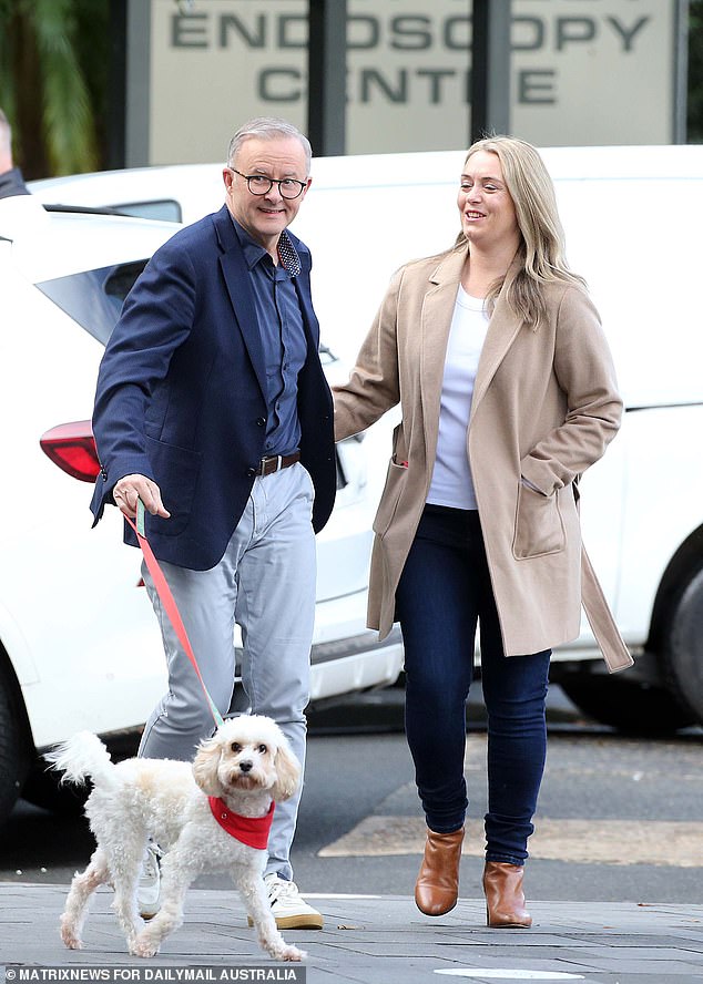 Albanese and his partner Jodie Haydon couldn't stop smiling after Saturday's election victory.