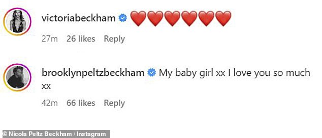 Brooklyn's mom, Victoria Beckham, also commented with six red heart emojis.