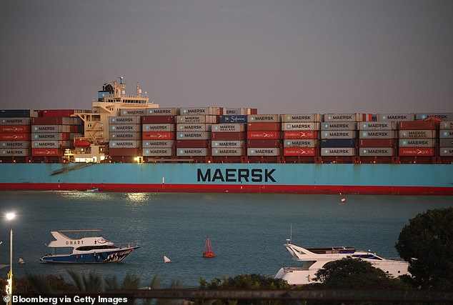 The Suez Canal is used by about a third of the world's container ship cargo and an estimated 350 ships are being rerouted through Africa.  Pictured: Maersk in Suez, Egypt, December 2021.