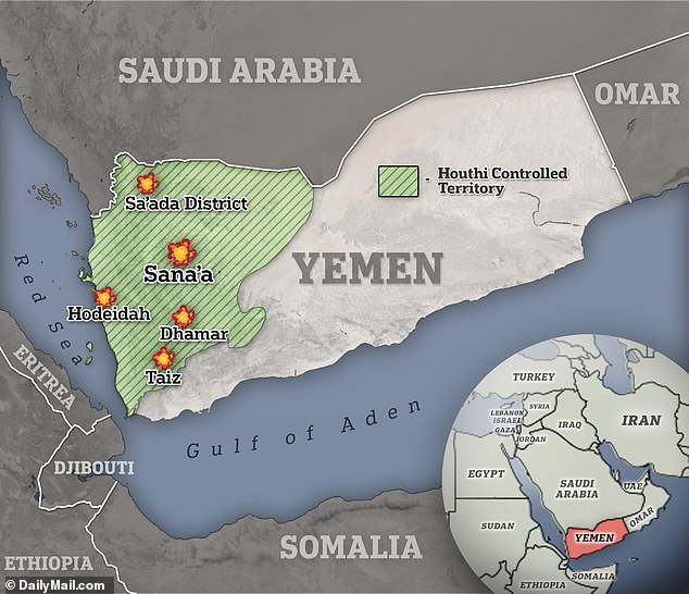 A map of Yemen that includes the area controlled by the Houthi rebels.