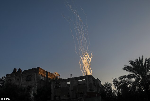 A view shows rockets being fired from the coast of the Gaza Strip towards Isarel, during the Israeli military operation in Khan Younis.
