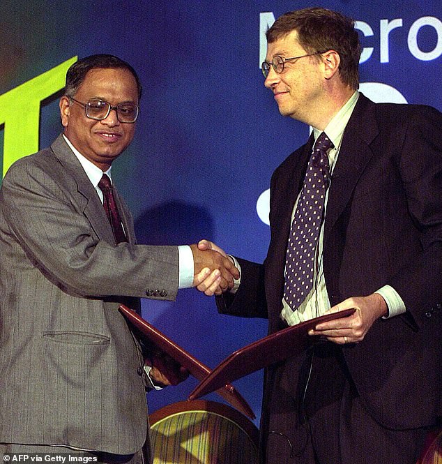 Father-in-law: Billionaire businessman Narayana Murthy and Mr. Gates in 2000